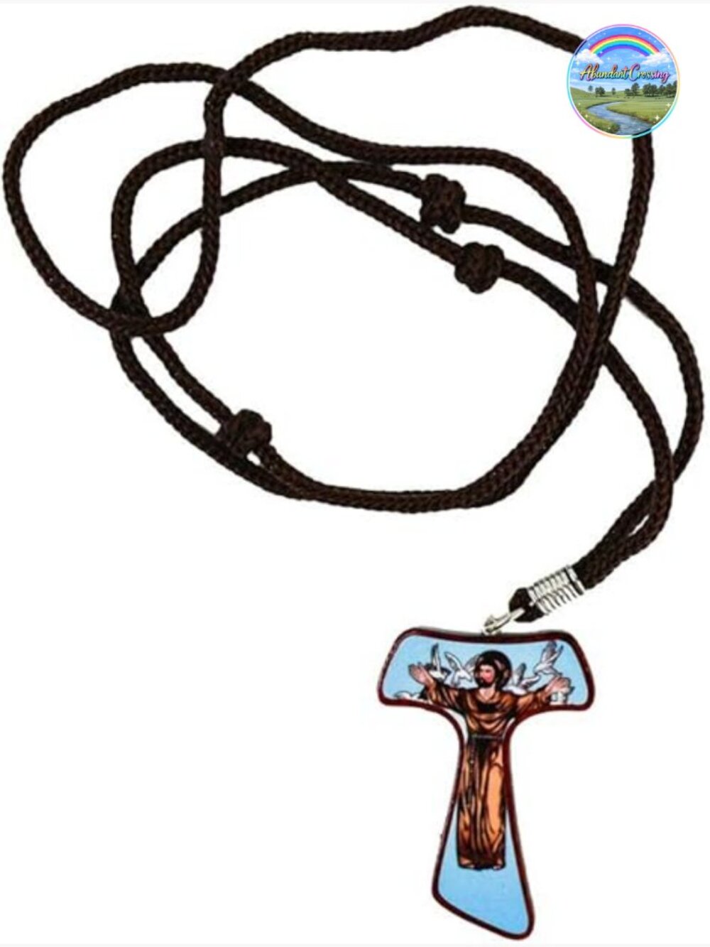 Wooden Tau Cross Rope Necklace with St. Francis Print